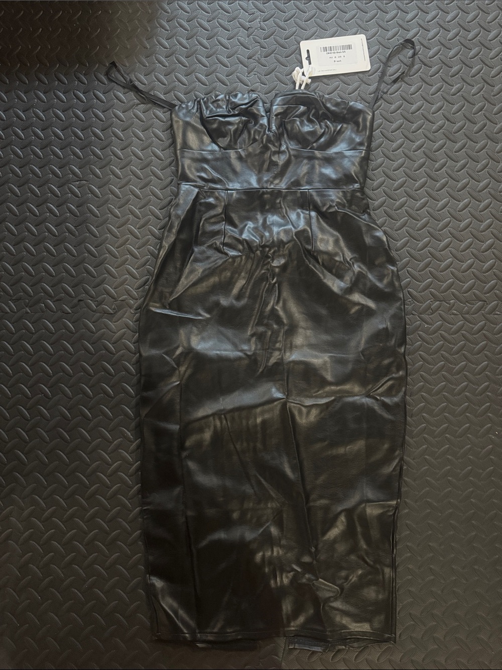 Faux Leather Black Midi Dress with Spaghetti Straps